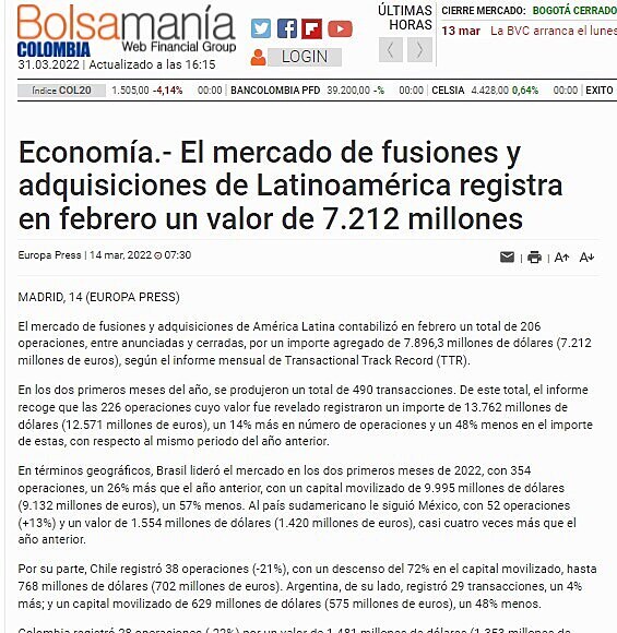 El mercado de fusiones y adquisiciones de Latinoamrica registra en febrero un valor de 7.212 millones